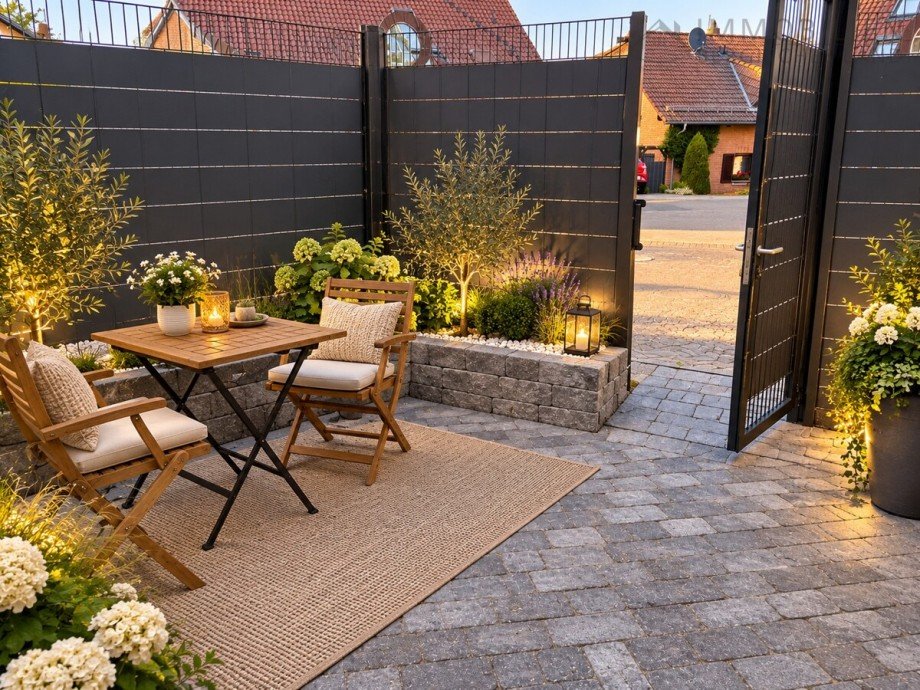 Gestaltungsvorschlag Gem�tliche Abendterrasse mit Gartenbeleuchtung Souterrainwohnung H�ckeswagen